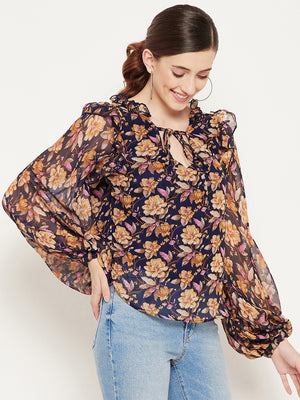 Navy Blue & Brown Floral Print Tie-Up Neck Ruffles Georgette Top