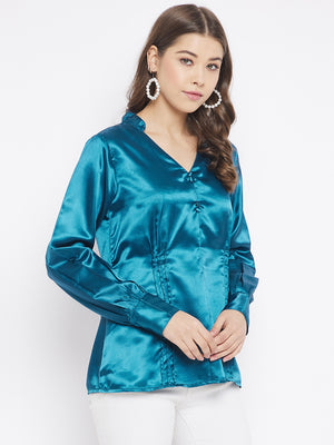 Regular Sleeves Solid Women Blue Top