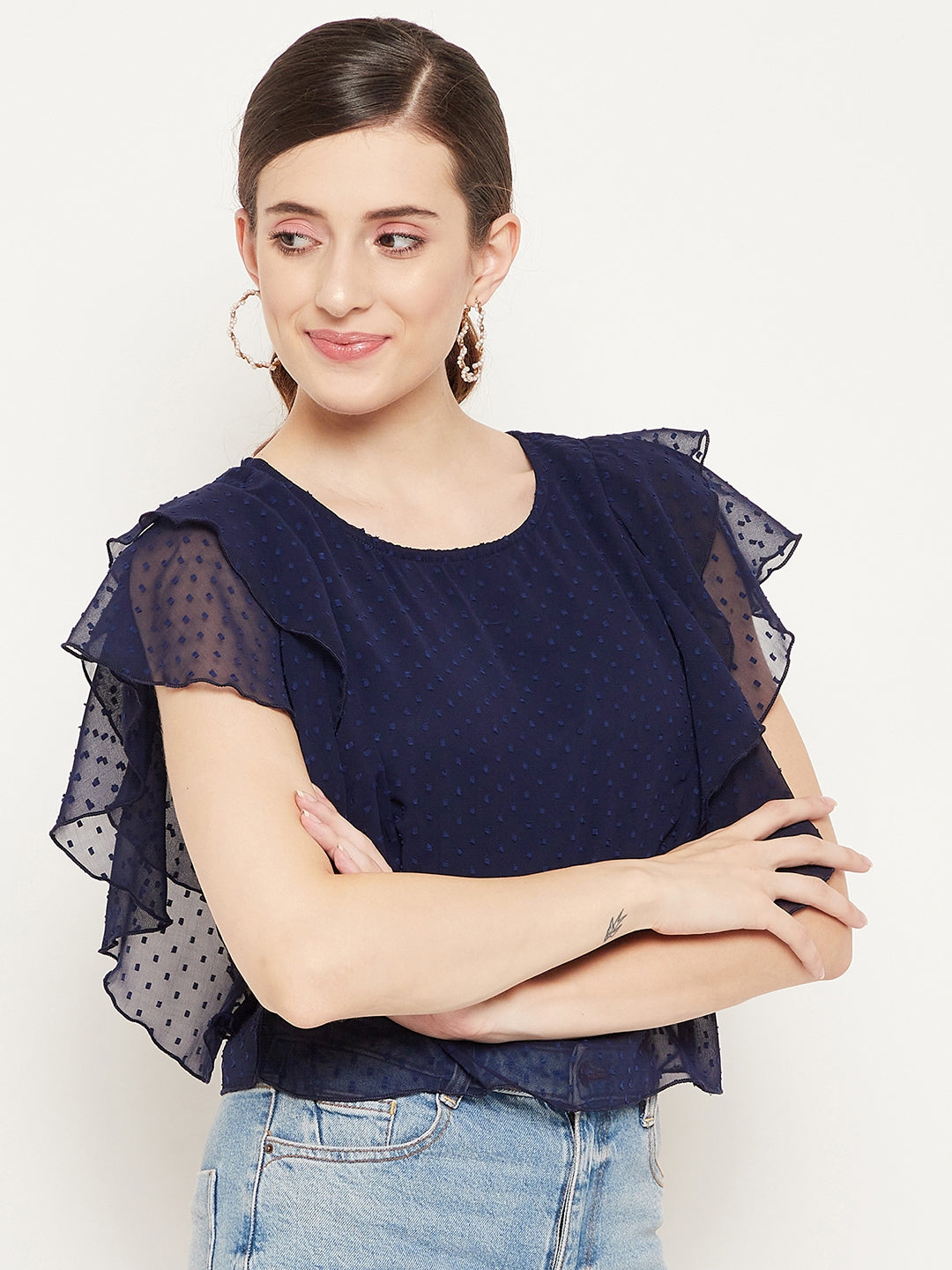 Navy Blue Ruffles Georgette Top