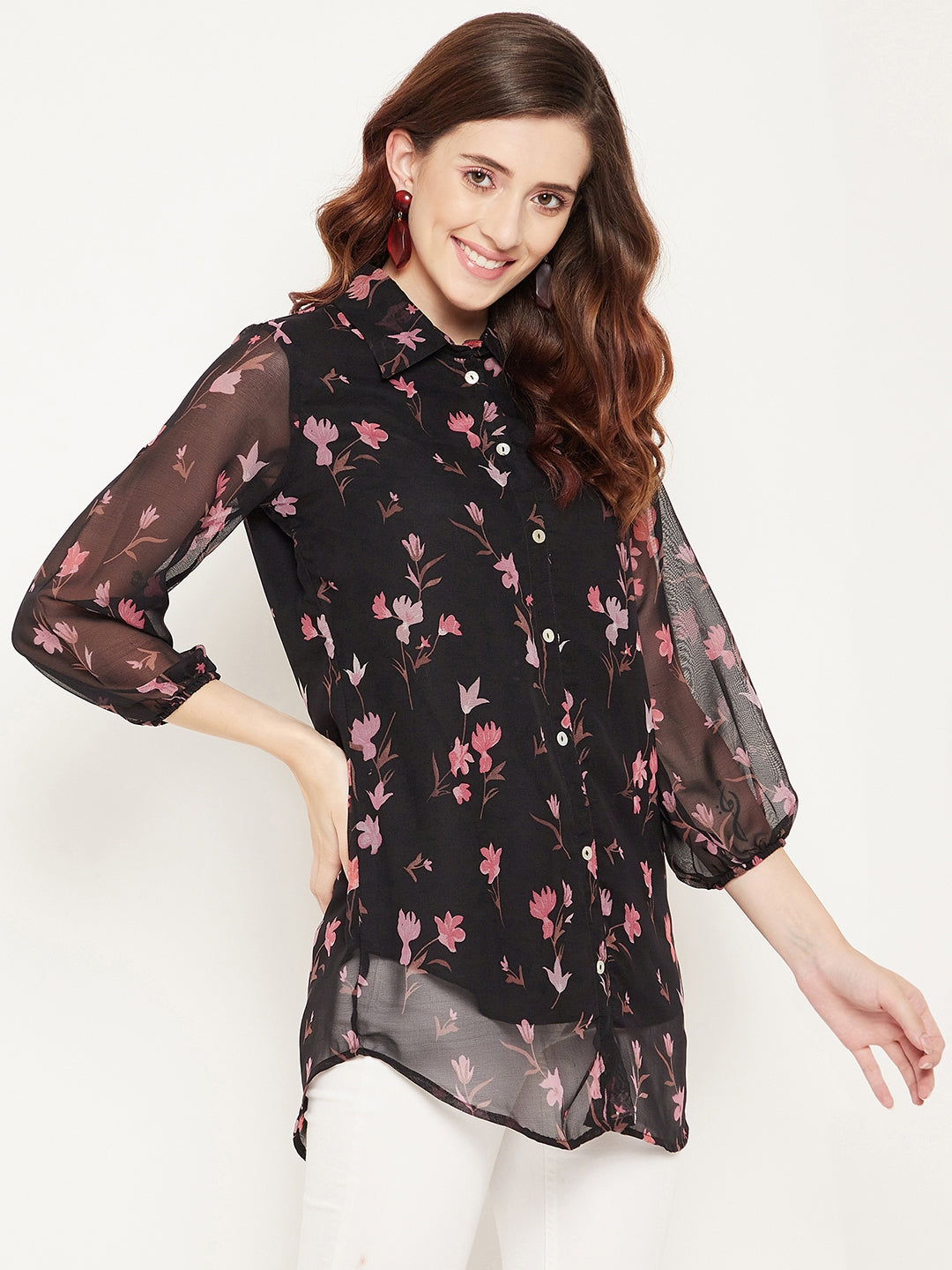 Black & Pink Shirt Collar Printed Tunic