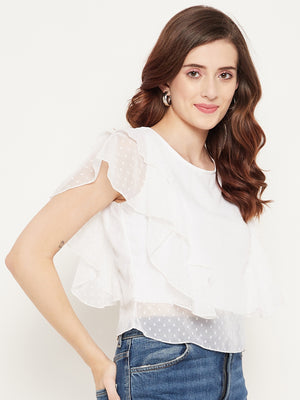 Casual Flared Sleeves Self Design Women White Top