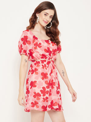 Pink Floral Georgette Mini Dress