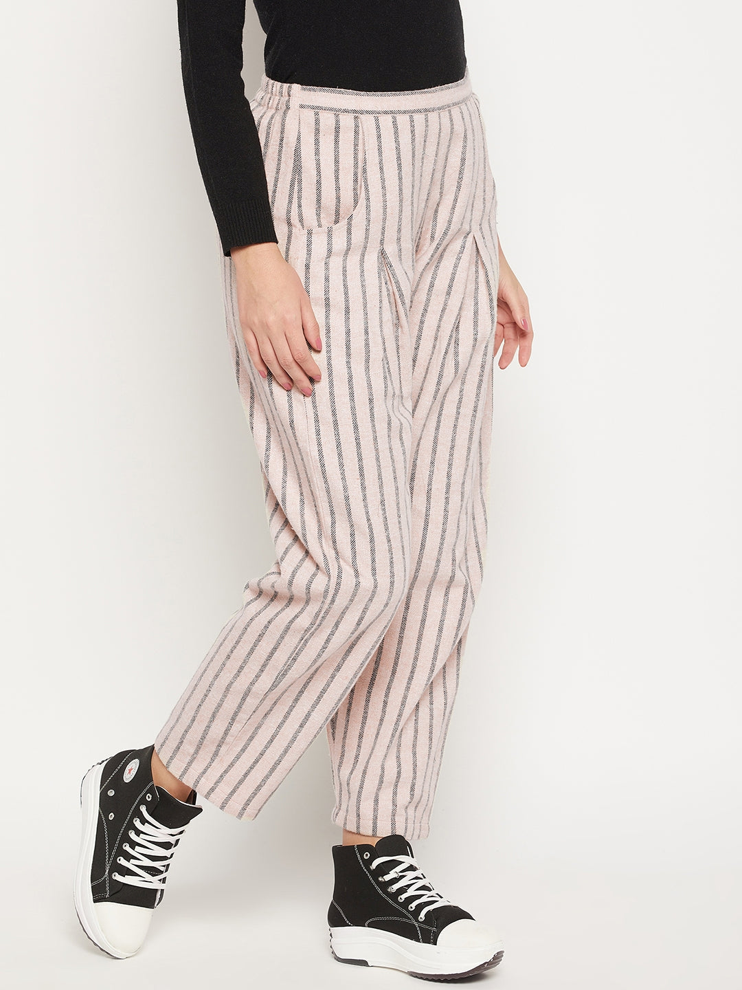 Women Striped Relaxed Flared Wrinkle Free Pleated Cotton Trousers