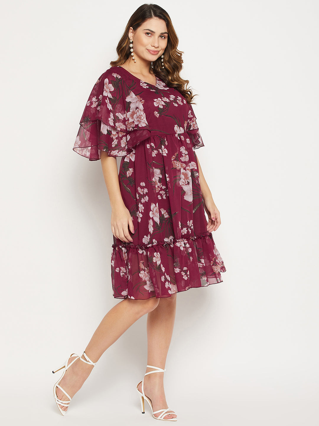 Floral Printed V Neck Fit And Flare Dress