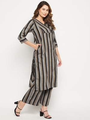 Striped Pure Cotton Straight Kurta With Palazzos