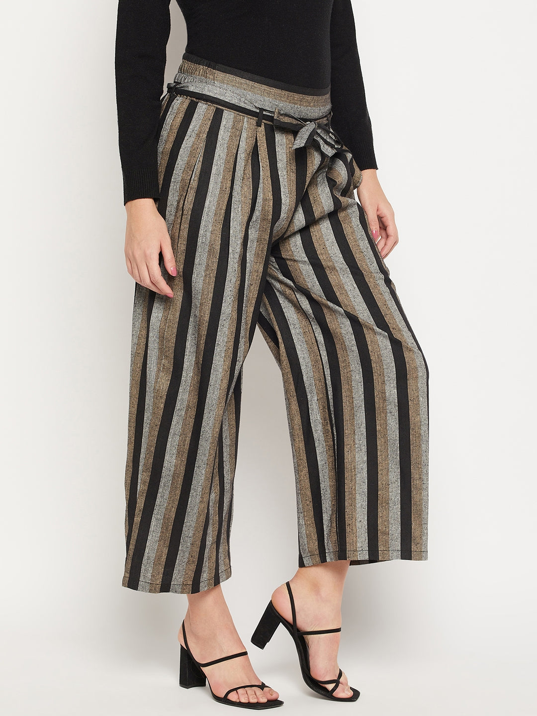 Women Striped Relaxed Flared Wrinkle Free Pleated Cotton Culottes