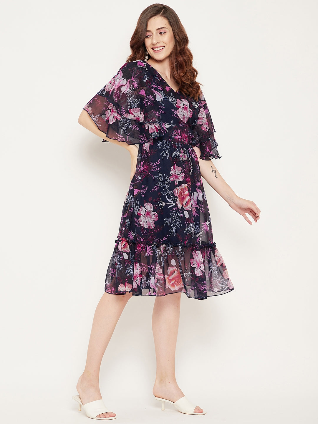 Navy Blue & Pink Floral Georgette Dress