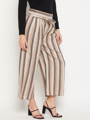 Women Striped Relaxed Flared Wrinkle Free Pleated Cotton Trousers