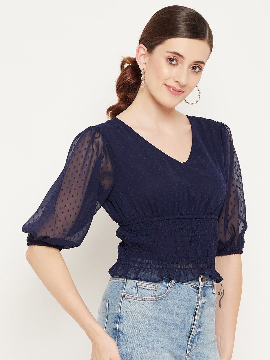Women Navy Blue Smocked Dobby Cinched Waist Crop Top
