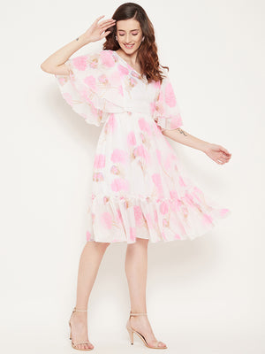 White & Pink Floral Georgette Dress