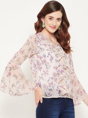 Women Off White & Pink Floral Print Georgette Top