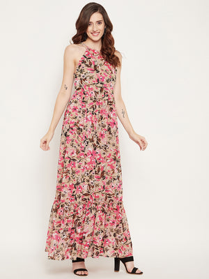 Women Brown & Pink Floral Halter Neck Georgette Maxi Dress