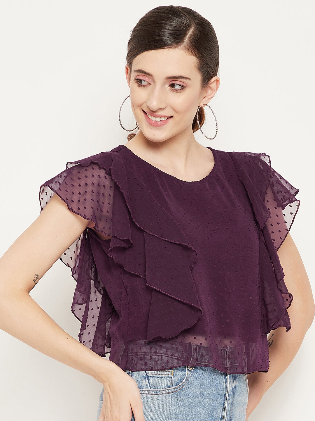 Women Purple Ruffles Round Neck Georgette Top