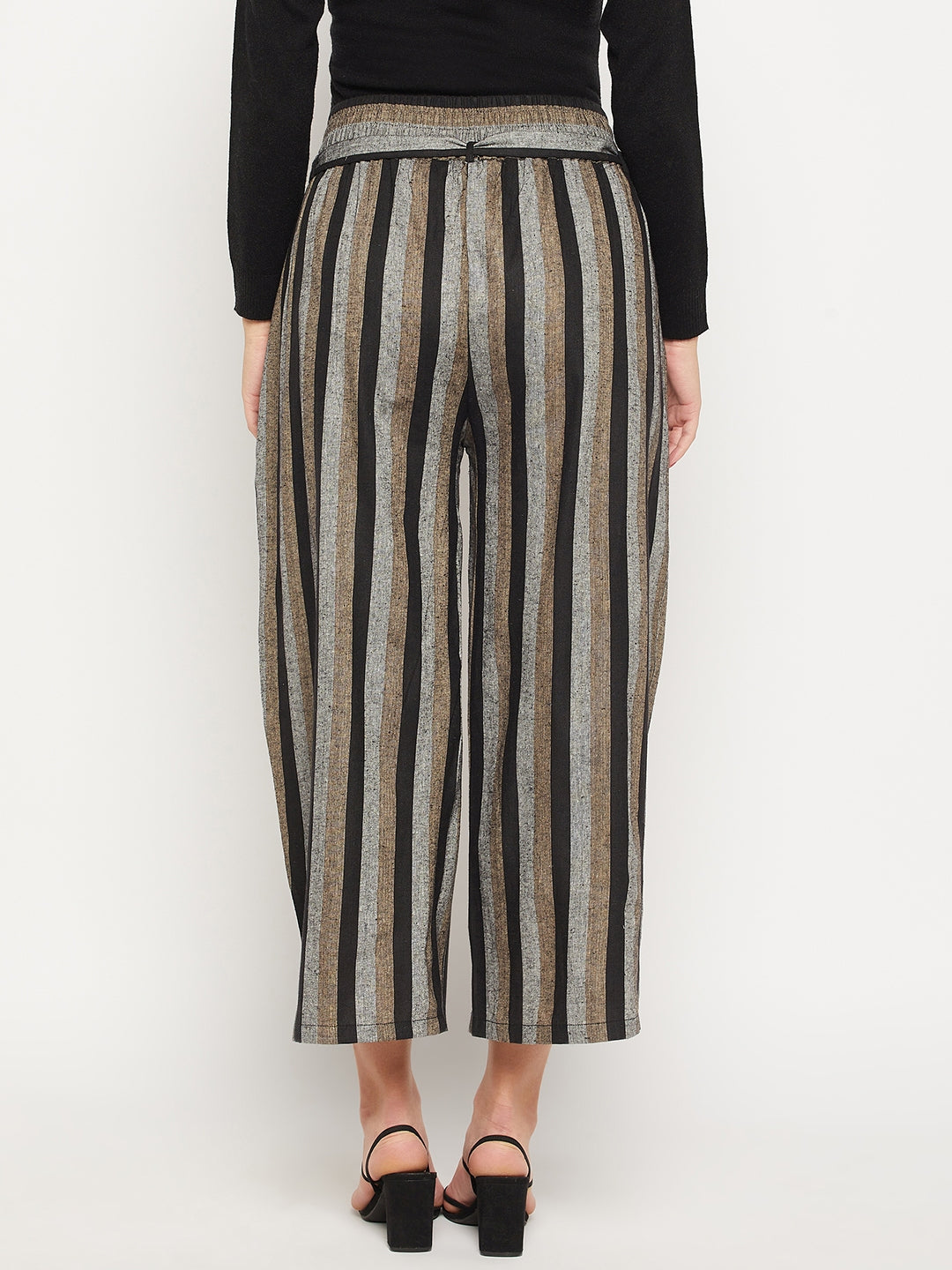 Women Striped Relaxed Flared Wrinkle Free Pleated Cotton Culottes