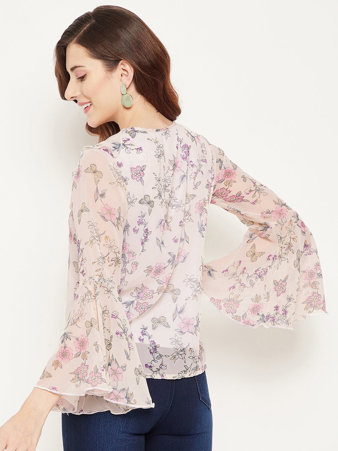 Women Off White & Pink Floral Print Georgette Top