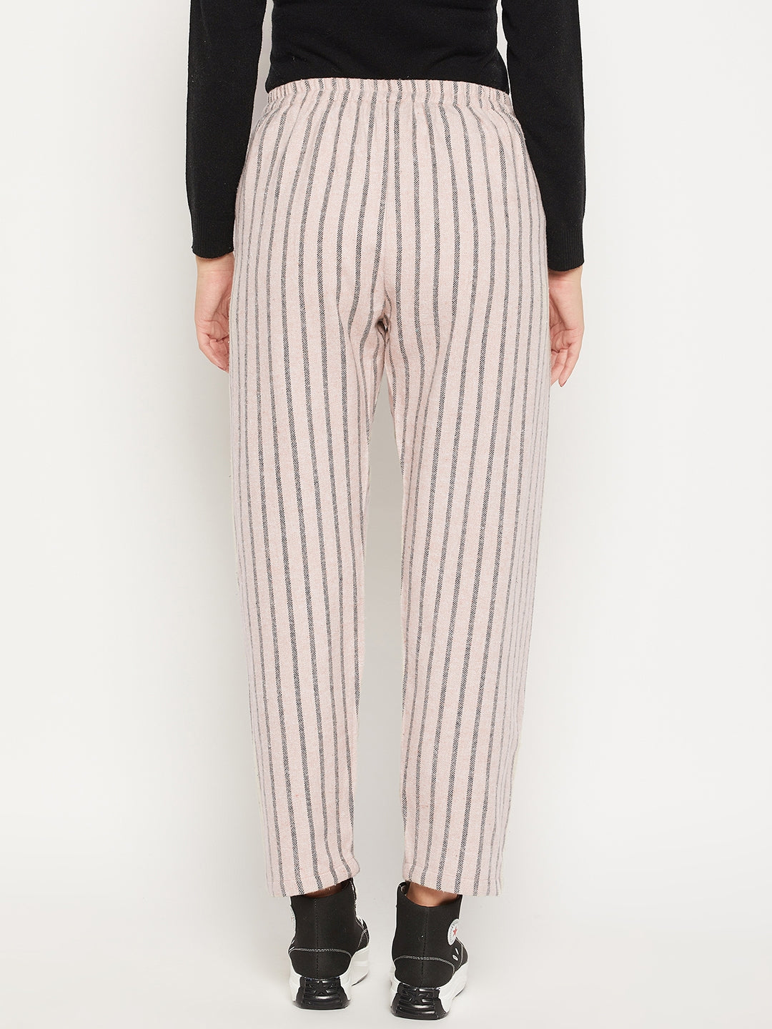 Women Striped Relaxed Flared Wrinkle Free Pleated Cotton Trousers