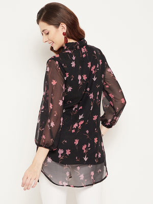 Black & Pink Shirt Collar Printed Tunic