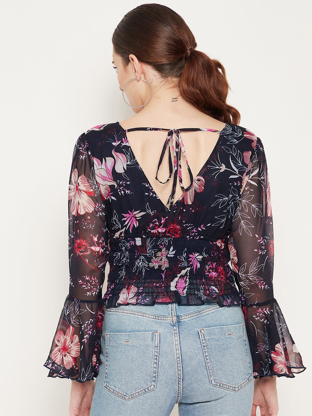 Navy Blue & Red Floral Print Georgette Top