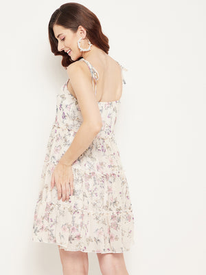 Off White Floral Georgette Mini Dress