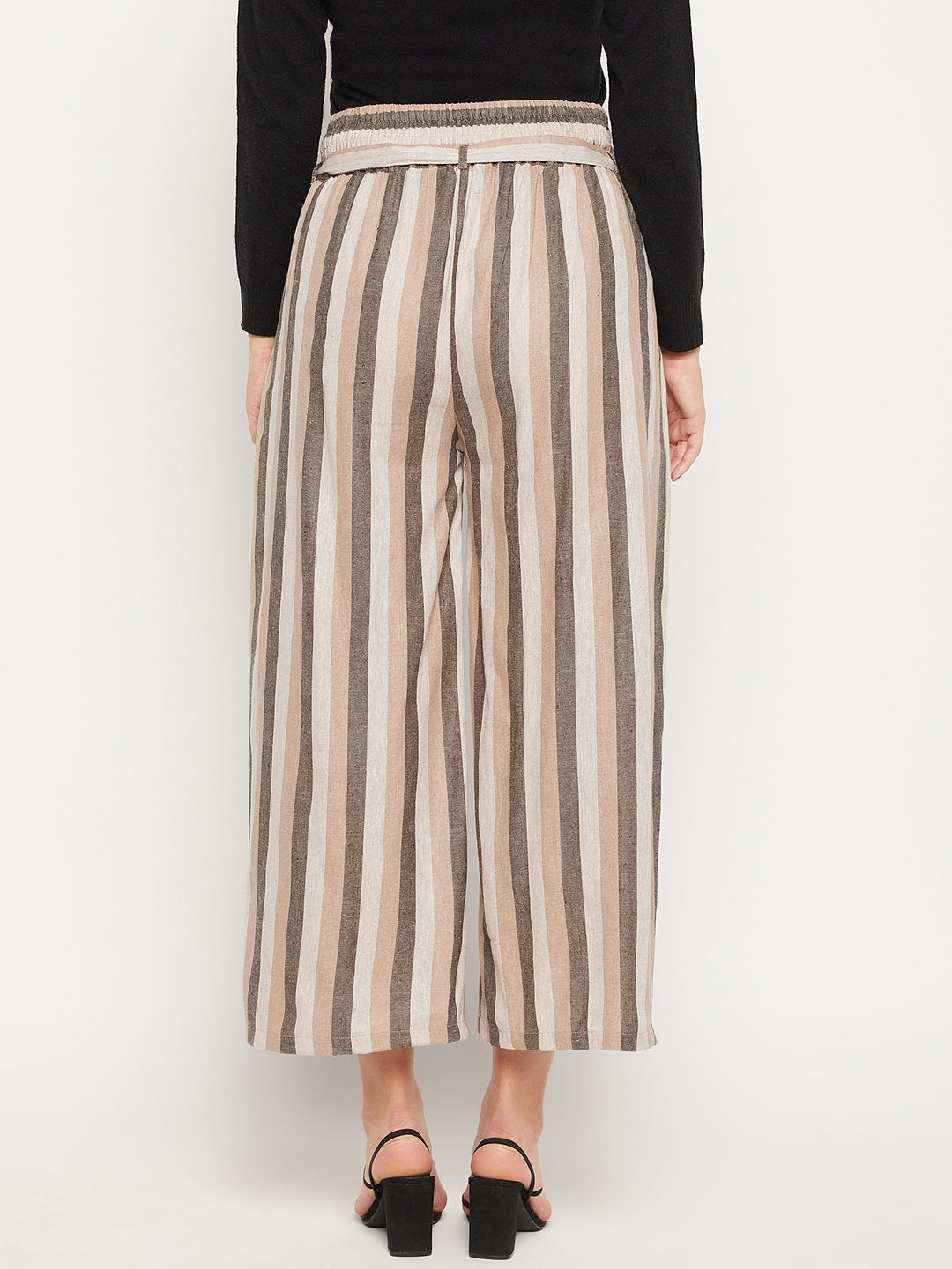 Women Striped Relaxed Flared Wrinkle Free Pleated Cotton Trousers