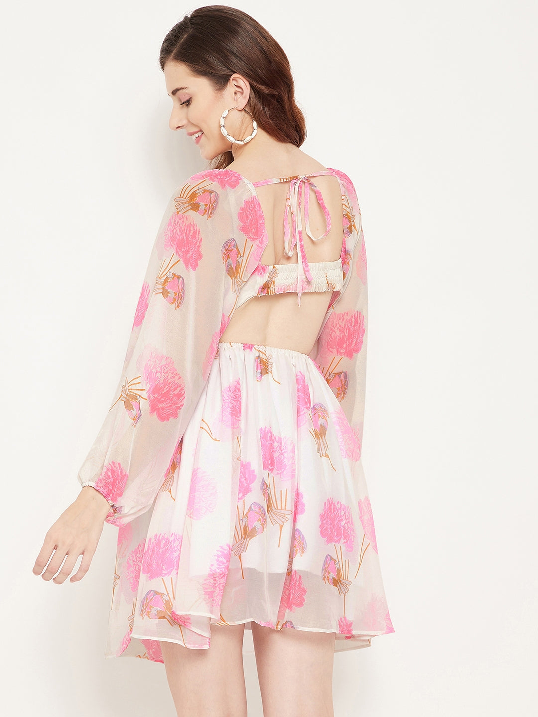 Off White & Pink Floral Georgette A-Line Dress