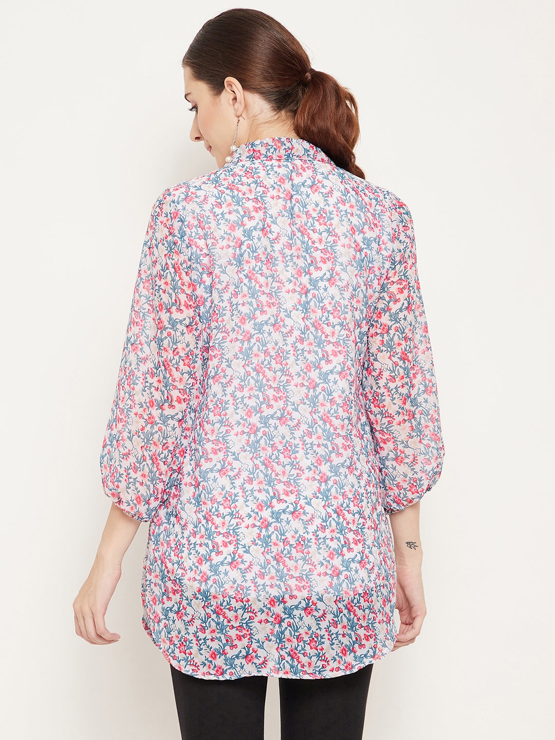 White & Pink Shirt Collar Printed Tunic