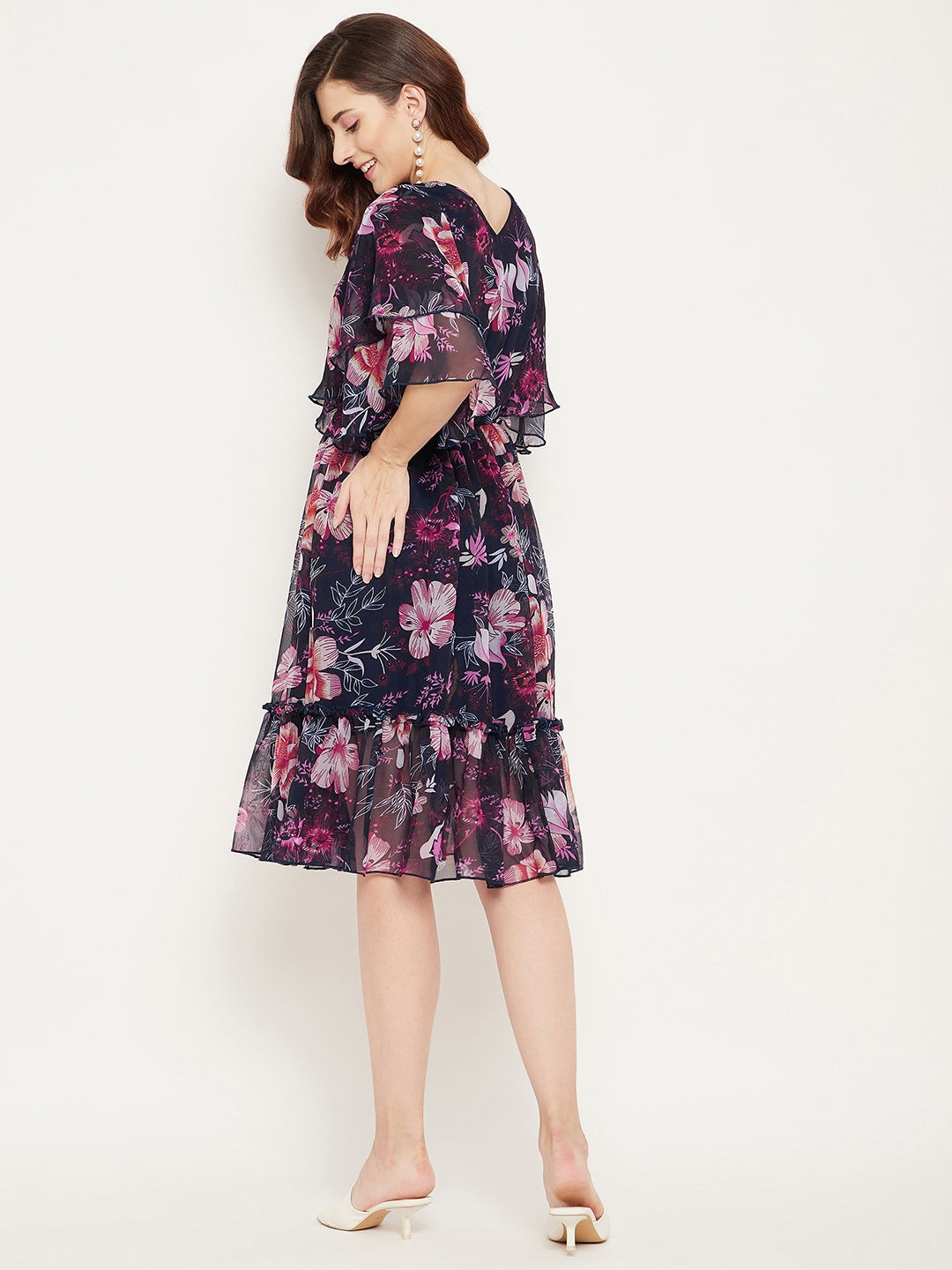 Navy Blue & Pink Floral Georgette Dress