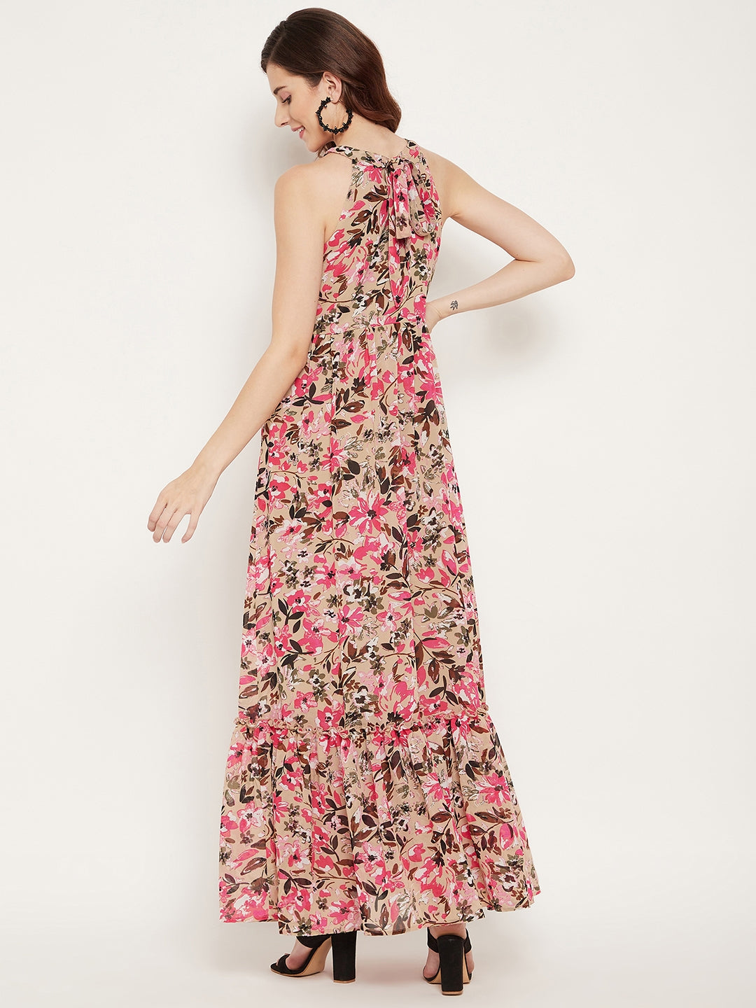 Women Brown & Pink Floral Halter Neck Georgette Maxi Dress