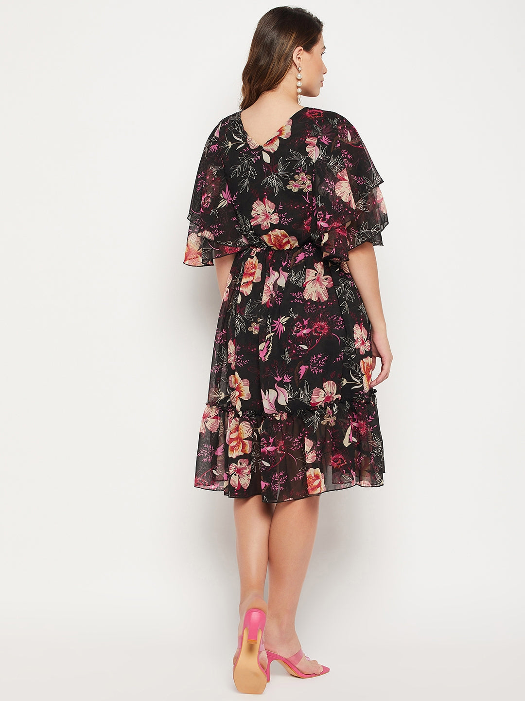 Floral Printed V Neck Fit And Flare Dress