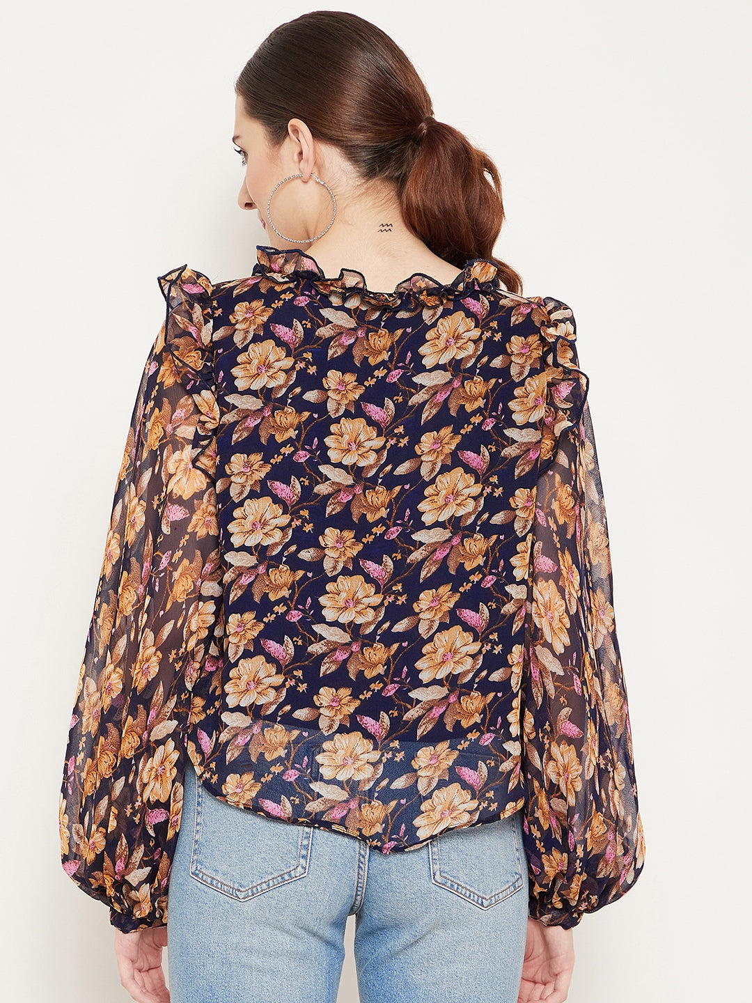 Navy Blue & Brown Floral Print Tie-Up Neck Ruffles Georgette Top