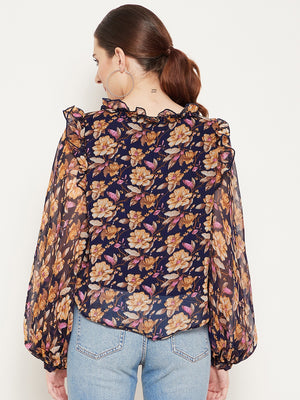 Navy Blue & Brown Floral Print Tie-Up Neck Ruffles Georgette Top