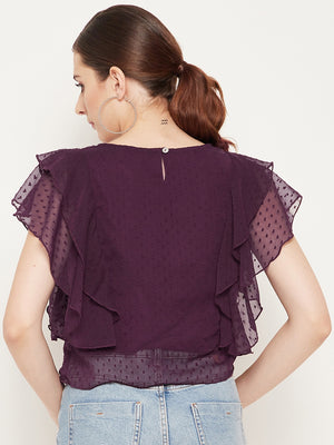 Women Purple Ruffles Round Neck Georgette Top