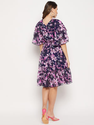 Floral Printed V Neck Fit And Flare Dress