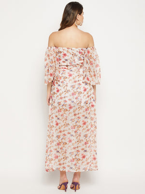White Floral Off-Shoulder Georgette Maxi Dress
