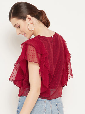 Women Red Ruffles Georgette Crop Top