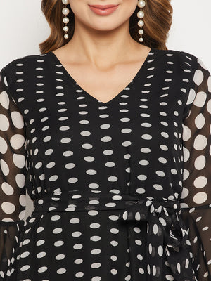 Polka Dots Printed Tie-Up Detail Belted Georgette A-Line Midi Dress