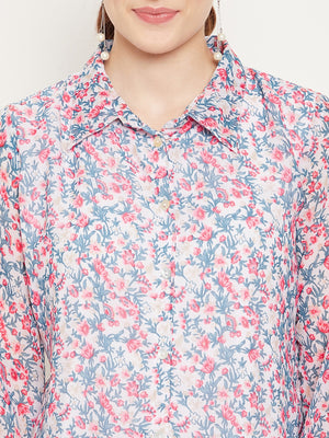 White & Pink Shirt Collar Printed Tunic