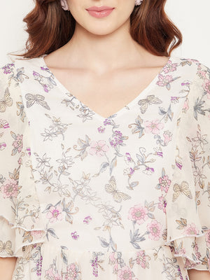 Off White Floral Georgette Dress