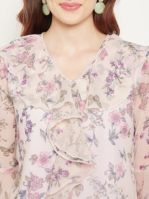 Women Off White & Pink Floral Print Georgette Top