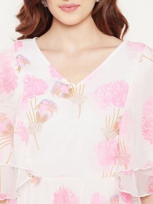 White & Pink Floral Georgette Dress