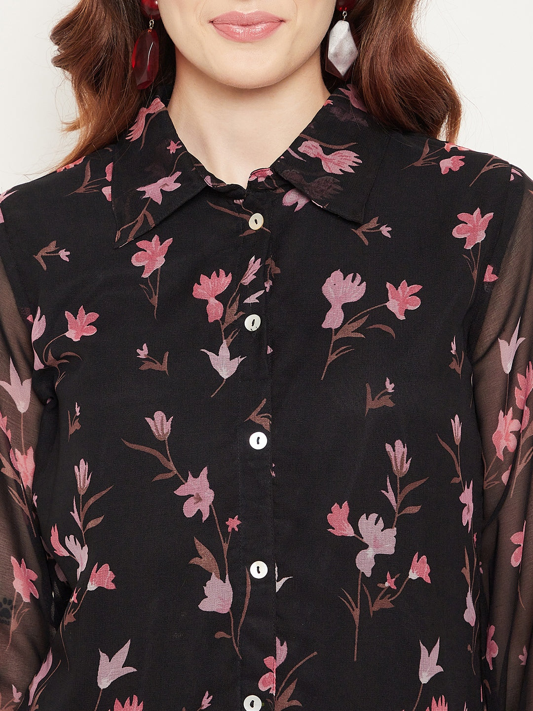 Black & Pink Shirt Collar Printed Tunic