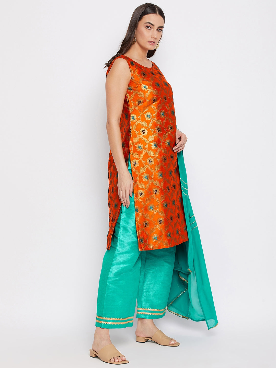 Silk Blend Woven Kurta Palazzo's and Dupatta Set