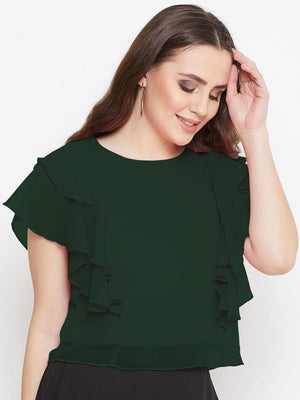 Casual Layered Solid Women Green Top