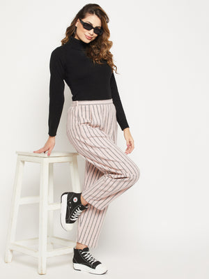 Women Striped Relaxed Flared Wrinkle Free Pleated Cotton Trousers