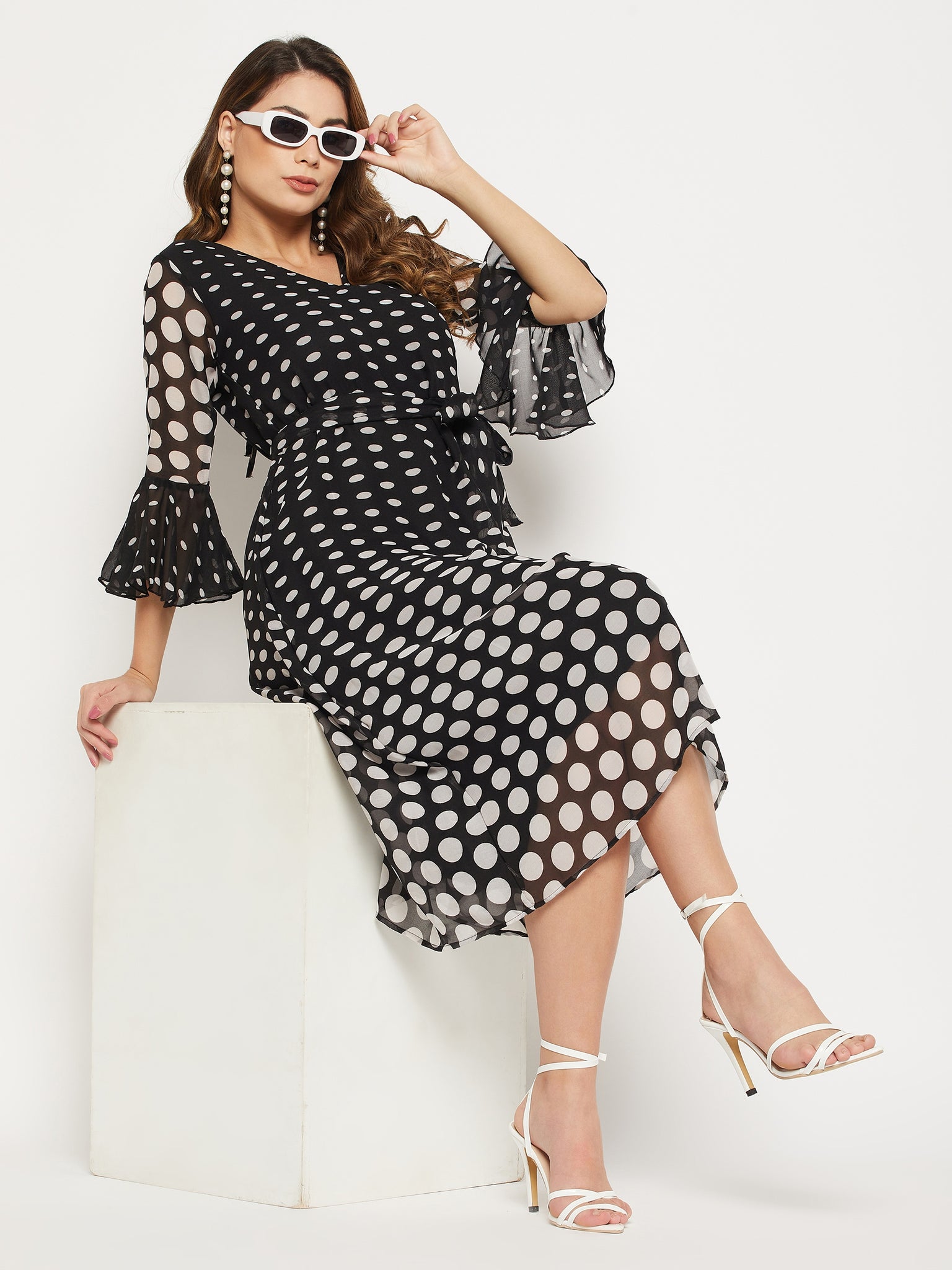 Polka Dots Printed Tie-Up Detail Belted Georgette A-Line Midi Dress