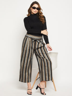 Women Striped Relaxed Flared Wrinkle Free Pleated Cotton Culottes