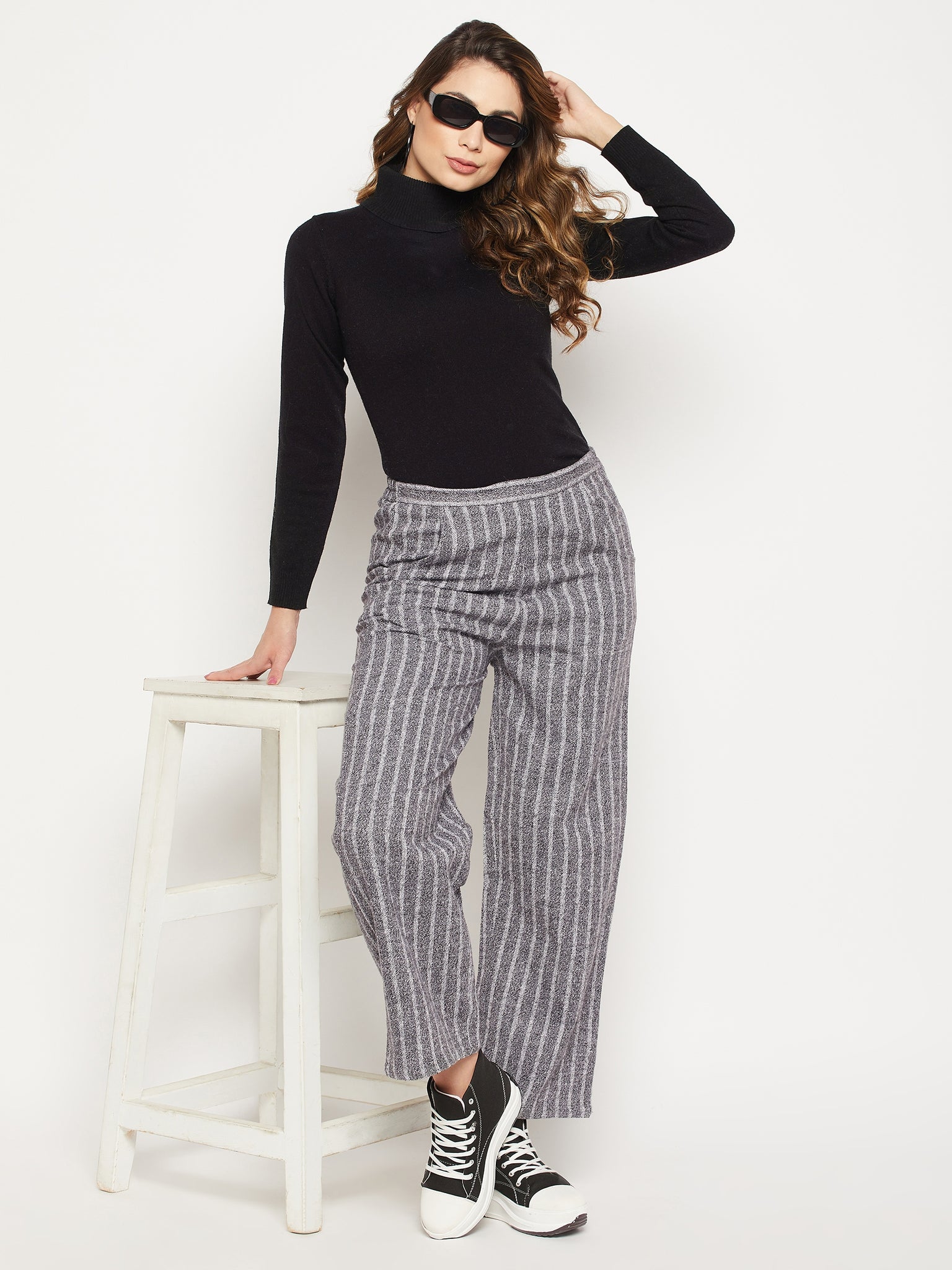 Women Striped Relaxed Flared Wrinkle Free Cotton Trousers