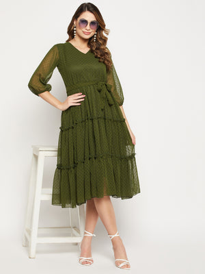 Self Design V Neck Tiered Fit And Flare Dress