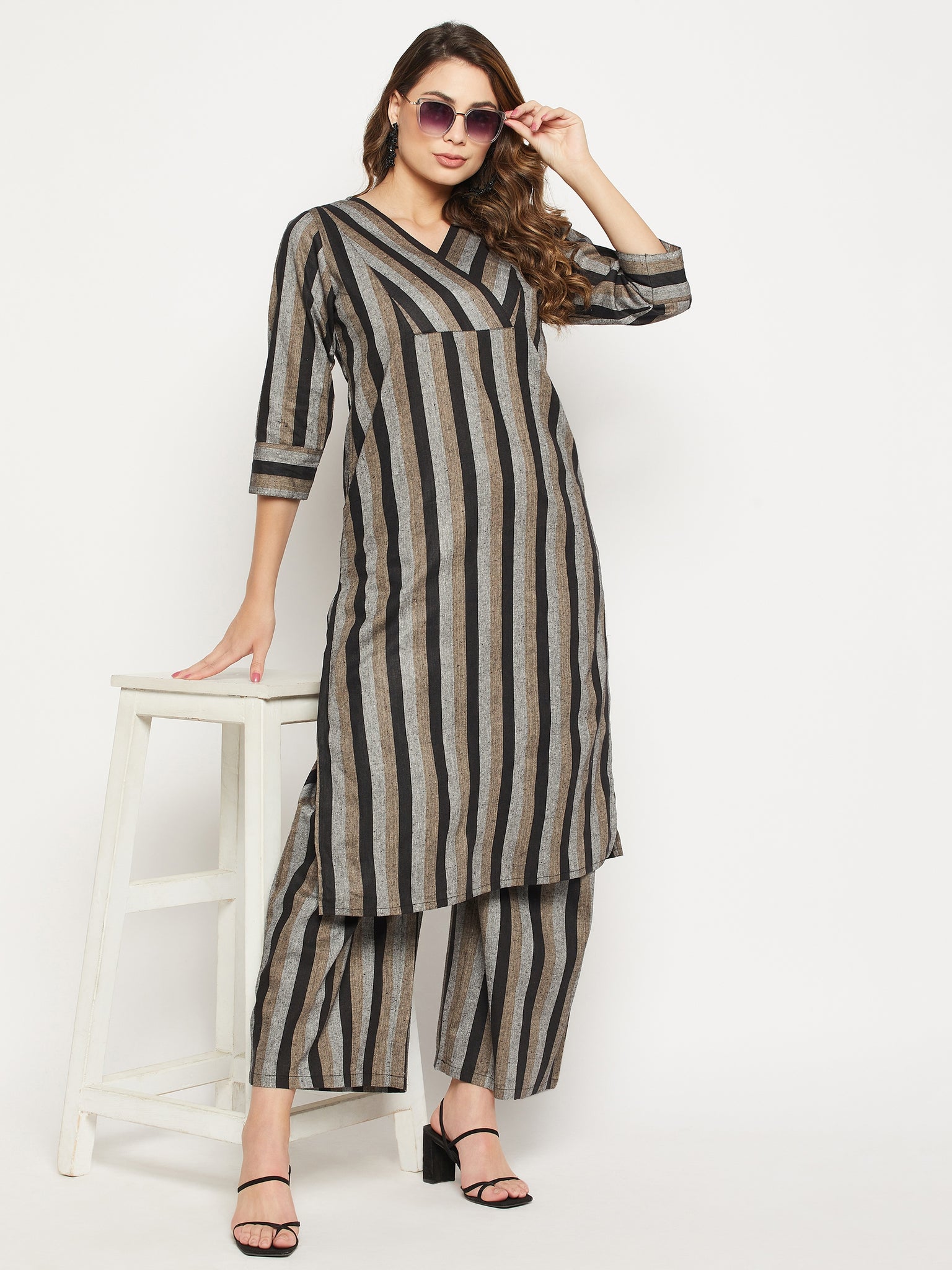 Striped Pure Cotton Straight Kurta With Palazzos