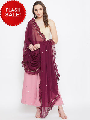 Burgundy Hand Sequinned Ruffled Dupatta (Sku- BLJM20203).